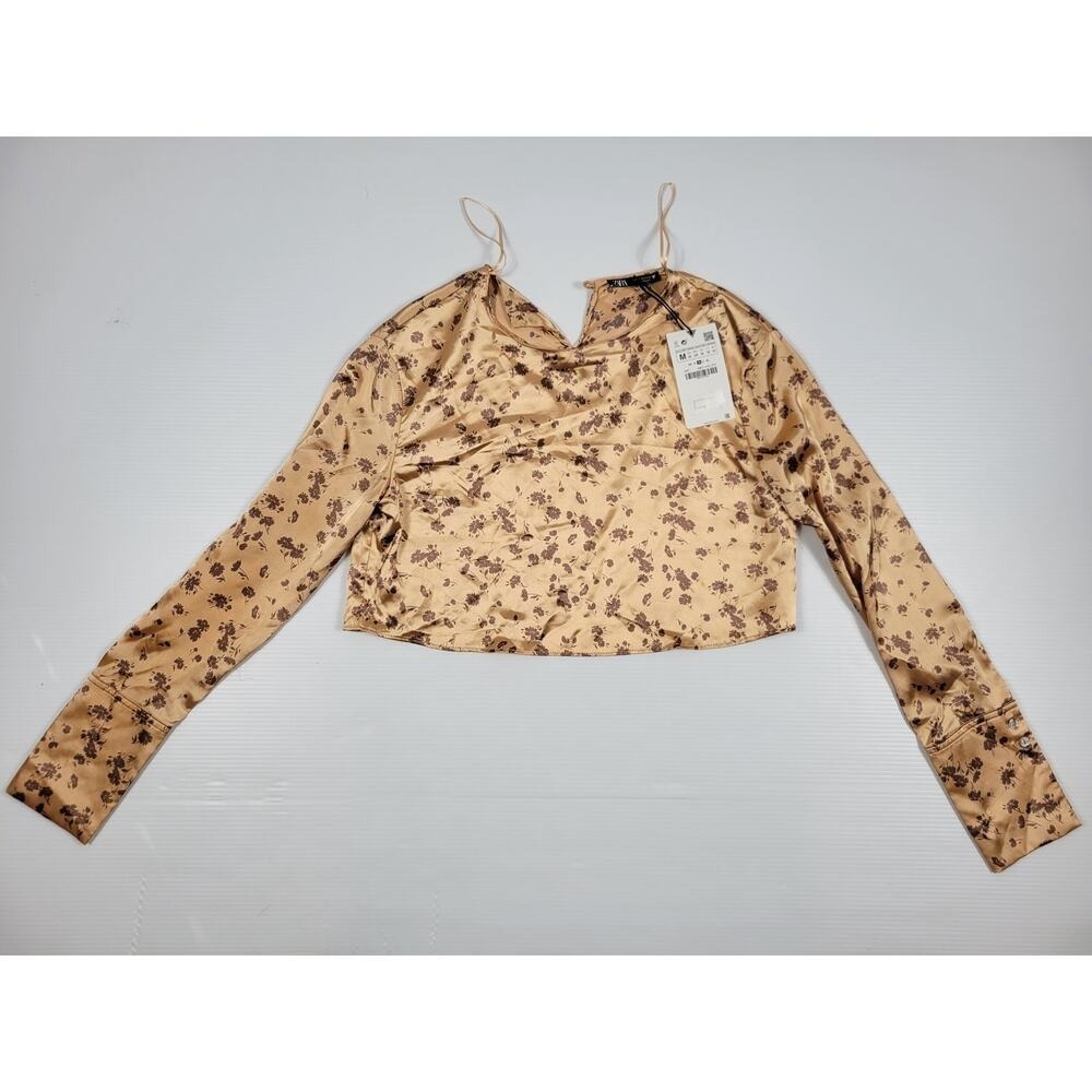 NWT Zara Womens Medium Rose Gold Floral Long Sleeve Satin Crop Top‎